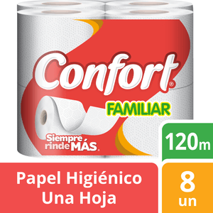 Papel Higiénico Confort Una Hoja Familiar 8 un 120 mt